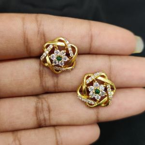 Antique Gold Finish Flower Earrings, White with Green Stones