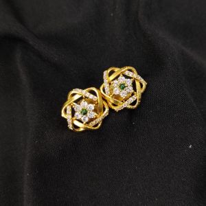 Antique Gold Finish Flower Earrings, White with Green Stones