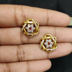 Antique Gold Finish Flower Earrings, White with Pink Stones