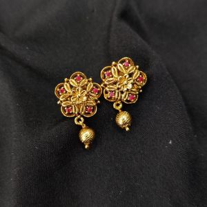 Antique Gold Finish Flower Earrings, Pink
