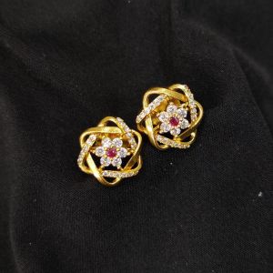 Antique Gold Finish Flower Earrings, White with Pink Stones