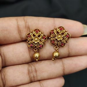 Antique Gold Finish Flower Earrings, Pink