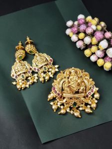 Navrabeads Antique Gold Lord Gopalakrishna Pendant Set with Green Stone Center & Matching Earrings for Jewellery Making