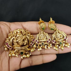 Navrabeads Antique Gold Lord Gopalakrishna Pendant Set with Green Stone Center & Matching Earrings for Jewellery Making