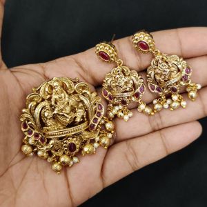 Navrabeads Antique Gold Lord Gopalakrishna Pendant Set with Pink Stone Center & Matching Earrings for Jewellery Making
