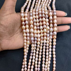 Navrabeads 15 Inch String PEACH DOUBLE SHADE Graduated Freshwater Pearls for Jewellery Making, Natural Cultured Pearls for Necklaces, Earrings & DIY Designs 8×4mm (Approx 55–58 Pearls)