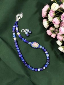 Navrabeads 20-Inch Peacock Blue Aquare Sgates Necklace with Japanese Tablet Accents & Hook Earrings