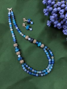 Navrabeads 20-Inch Peacock Blue Aquare Sgates Necklace with Japanese Tablet Accents & Hook Earrings