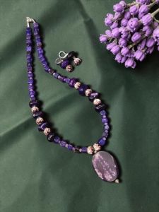 Navrabeads 20-Inch Peacock Blue Aquare Sgates Necklace with Japanese Tablet Accents & Hook Earrings