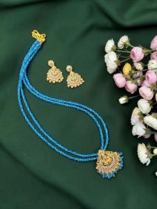 Antique Lakshmi Pendant Necklace with CZ Stones & Blue Agate Beads 22 Inch