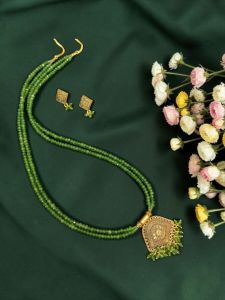 Antique Gold Metal Pendant Necklace Set with Green Agate Beads & Matching Earrings