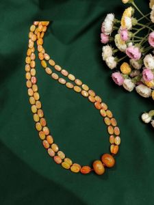 Yellowish Golden Marble Glass Beads Necklace with Onyx Bead Accent