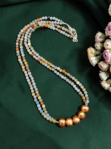 Light Blue Onyx Beads Necklace with Golden Shell Pearls | Elegant Designer Jewellery for Women, Pastel Statement Necklace for Party, Wedding & Daily Wear