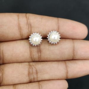 Navrabeads 8mm Pearl Stud Earrings with CZ Stones | Elegant Classic Pearl & Cubic Zirconia Fashion Earrings for Party, Wedding & Daily Wear