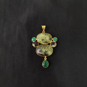 Navrabeads Mix Gemstone Pendant Gold Finish Single Piece Double Shade Green Black Centre Pendant 1–2.5 Inch for Necklace Making Statement Jewellery Wedding Party