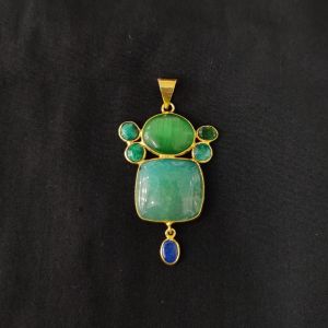 Navrabeads Mix Gemstone Gold Finish Pendant Single Piece | Double Shade Green & Blue Centre Statement Pendant with 7 Stone Design 1–2.5 Inch for Necklace Making Jewellery