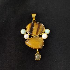 Navrabeads Mix Gemstone Gold Finish Pendant Single Piece | Tiger Eye & White Double Shade Centre Statement Pendant 1–2.5 Inch for Necklace Making & Designer Jewellery