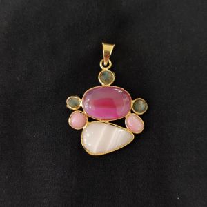 Navrabeads Mix Gemstone Gold Finish Pendant Single Piece | Dark Pink & White Double Shade Centre Statement Pendant 1–2.5 Inch for Necklace Making & Designer Jewellery