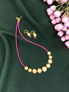 Navrabeads Pink CZ Beads Necklace with Designer White Foiled Beads 18 Inches Silver Finish