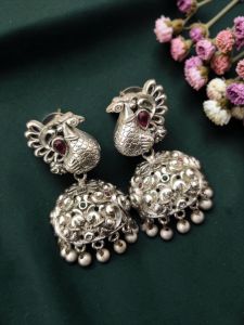 Navrabeads German Silver Peacock Design Large Jhumka Earrings