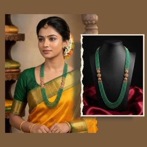 Navrabeads CZ Beads Necklace with Double Side Gold Lakshmi Mugappu Pendant