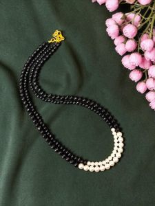 Navrabeads Elegant Black Agate & Swarovski Replica Pearl 2 Layer Necklace 20 Inches | Designer Beaded Jewellery for Women Party, Festive & Wedding Wear