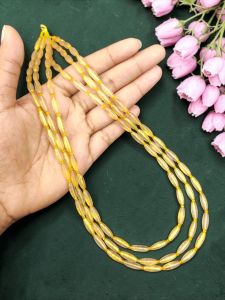 Navrabeads Elegant Three Layer Gold Foiled Glass Beads Necklace Set Yellow Double Tone 20 Inch with Earrings & Gold Rope Finish Party & Festive Wear for Women