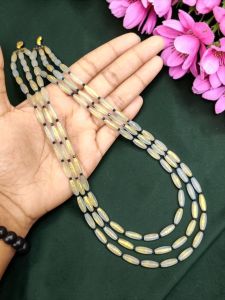 Navrabeads Elegant Three Layer Gold Foiled Glass Beads Necklace Set Blue Double Tone 20 Inch with Earrings & Gold Rope Finish Party & Festive Wear for Women