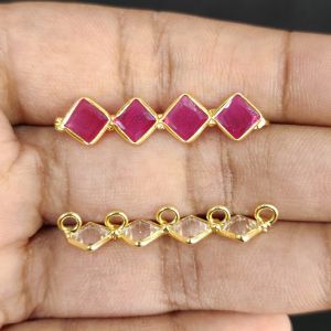 Navrabeads Polki Kundan 5 Hole Connectors Pink 1 Pair 7x32mm | Traditional Gold Finish Jewellery Making Connectors for Bridal, Ethnic & Festive Designs