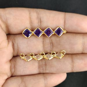 Navrabeads Polki Kundan 5 Hole Connectors Dark Purple 1 Pair 7x32mm | Traditional Gold Finish Jewellery Making Connectors for Bridal, Ethnic & Festive Designs