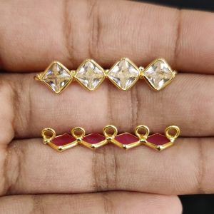 Navrabeads Polki Kundan 5 Hole Connectors White 1 Pair 7x32mm | Traditional Gold Finish Jewellery Making Connectors for Bridal, Ethnic & Festive Designs