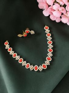 Antique Gold Finish AD Stone Necklace with Earrings 
