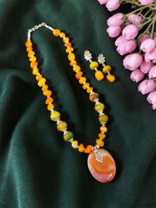 Navrabeads Lace Agate Pendant Necklace with Agate Nuggets & Earrings Set 20 Inch