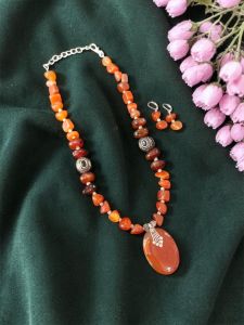 Navrabeads Brown Lace Agate Pendant Necklace Set with Agate Nuggets