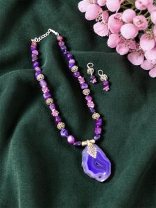 Navrabeads Dark Purple Lace Agate Pendant Necklace Set with Agate Nuggets