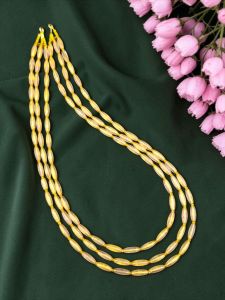 Navrabeads Elegant Three Layer Gold Foiled Glass Beads Necklace Set Yellow Double Tone 20 Inch with Earrings & Gold Rope Finish Party & Festive Wear for Women