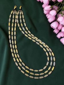 Navrabeads Elegant Three Layer Gold Foiled Glass Beads Necklace Set Purple Double Tone 20 Inch with Earrings & Gold Rope Finish Party & Festive Wear for Women