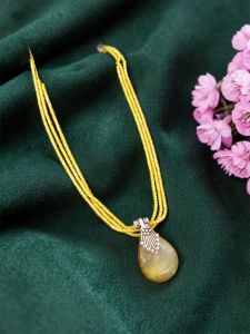 Navrabeads Yellow Lace Agate Pendant Necklace with CZ Beads 22 Inch