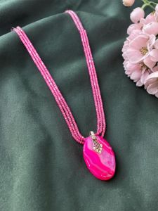 Navrabeads Pink Lace Agate Pendant Necklace with CZ Beads 22 Inch