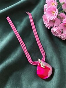 Navrabeads Pink Lace Agate Pendant Necklace with CZ Beads 22 Inch