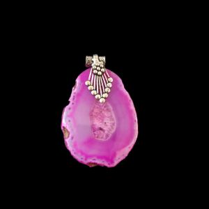 Natural Agate Slice Pendant, silver Finish, Pink