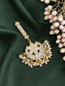 Traditional White CZ Jadau Moon Pendant with Pearl Detailing and Long Designer Pendant Style for Women | Ethnic Jewellery Piece