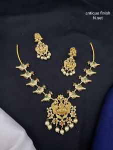 Traditional Antique Finish Lakshmi Necklace Set with Pearl Drops for Women | Temple Jewellery Wedding Party Wear Set