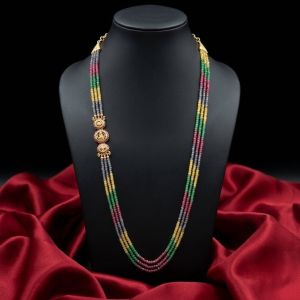 Traditional Multicolor CZ Beads Necklace with Lakshmi Side Pendant 25 Inches for Women | Designer Temple Party Wear Jewellery