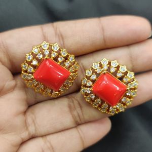 Cz Stone Flower Earring , Coral Red