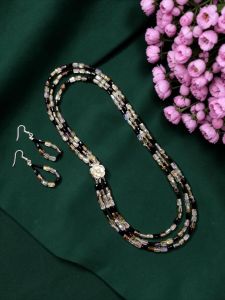 Elegant Black Crystal Multi Layer Necklace Set for Women | Designer Party Wear Contemporary Fashion Jewellery with Earrings