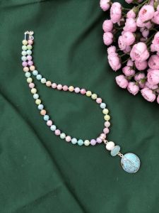 Elegant Multi Colour Round Crystal Necklace with Gem Stone Pendant for Women | Designer Party Wear Statement Jewellery