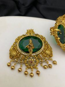 Navrabeads Antique Gold Finish Krishna Pendant with Green Stone | Traditional Temple Style Pendant Jewellery for Women, Festive & Ethnic Wear