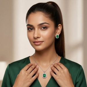 Navrabeads Dark Green CZ Stone Necklace with Tarnish-Free Silver Polish Chain for Women & Girls | Trendy Minimal Fashion Jewellery for Daily Wear & Gifting