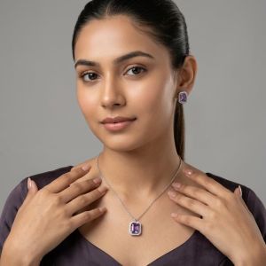 Navrabeads Purple CZ Stone Necklace with Tarnish-Free Silver Polish Chain for Women & Girls | Trendy Minimal Fashion Jewellery for Daily Wear & Gifting